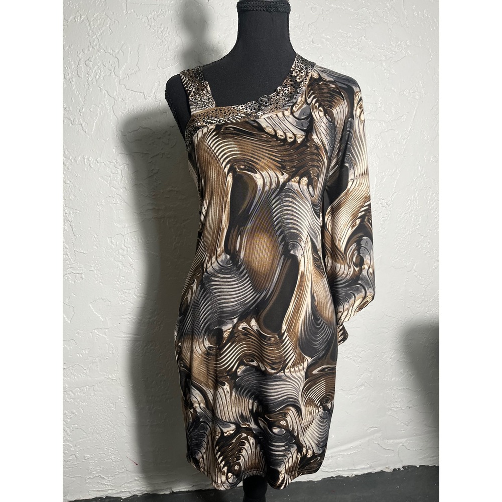 S-twelve Rhinestone Neck Abstract Tunic Top Y2K Black Brown S